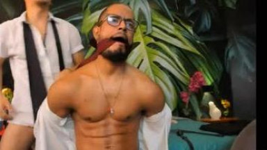 Tied and gagged handjob