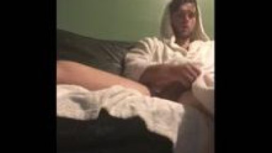Amateur cute hunk in bathrobe jerks off