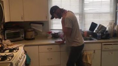 Young long haired man with big cock catched and tied