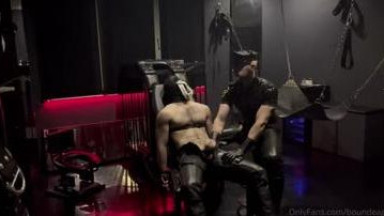 Bound leather boy huge cum load