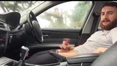 bearded hunk masturbates and cums in car